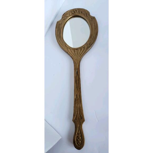 Vintage Hollywood Regency Carved & Gold Gilded Handheld Wood Vanity Mirror - Picture 3 of 12